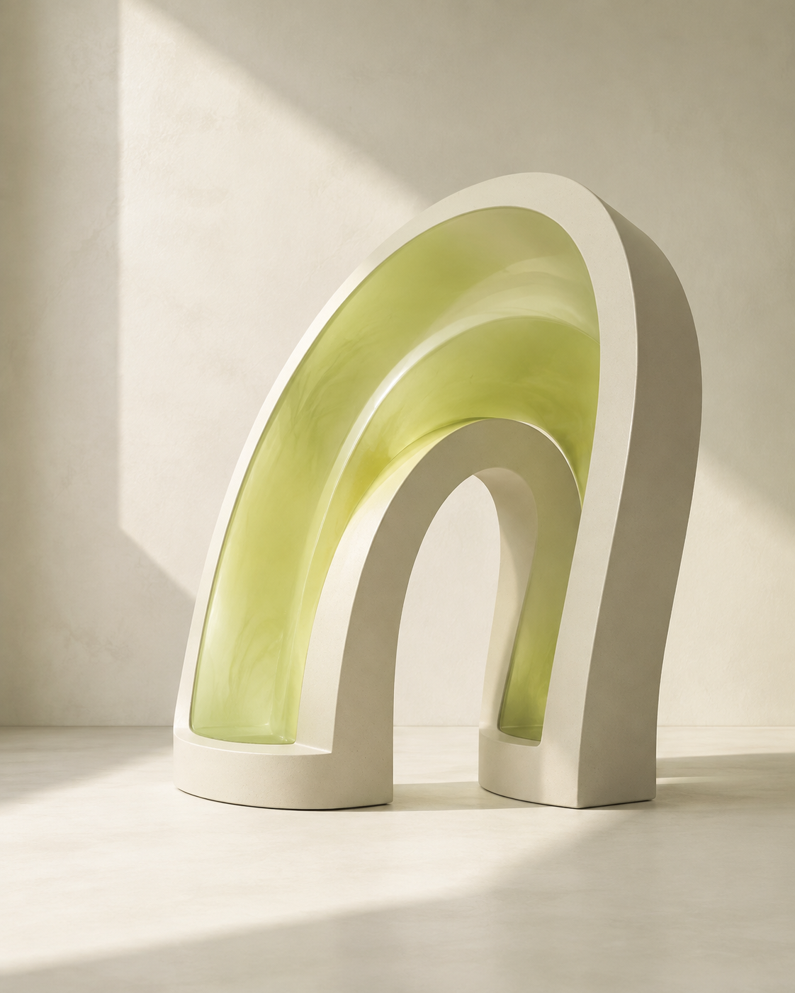 An architectural double arch made of pale green resin and ivory ceramic, in soft sunlight